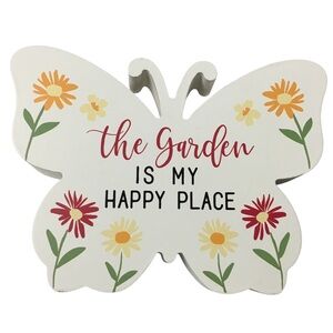 Box Sign Painted Wood Butterfly The Garden is My Happy Place Gardening Gift NWT
